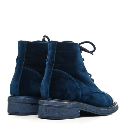 Chanel Velvet Patent Cap Toe CC Lace Up Combat Boots 39 Blue Black 4 of 7