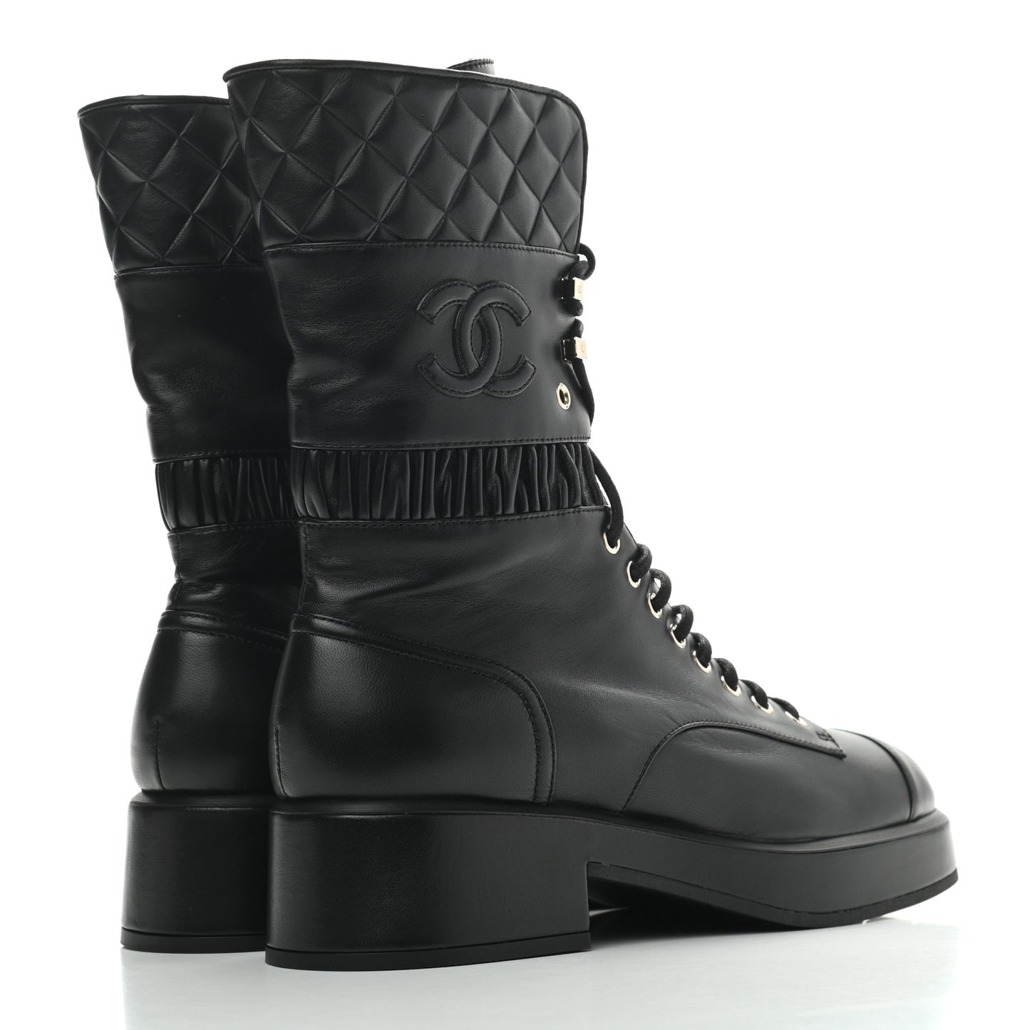 Lambskin Quilted Lace Up Combat Boots 41 Black