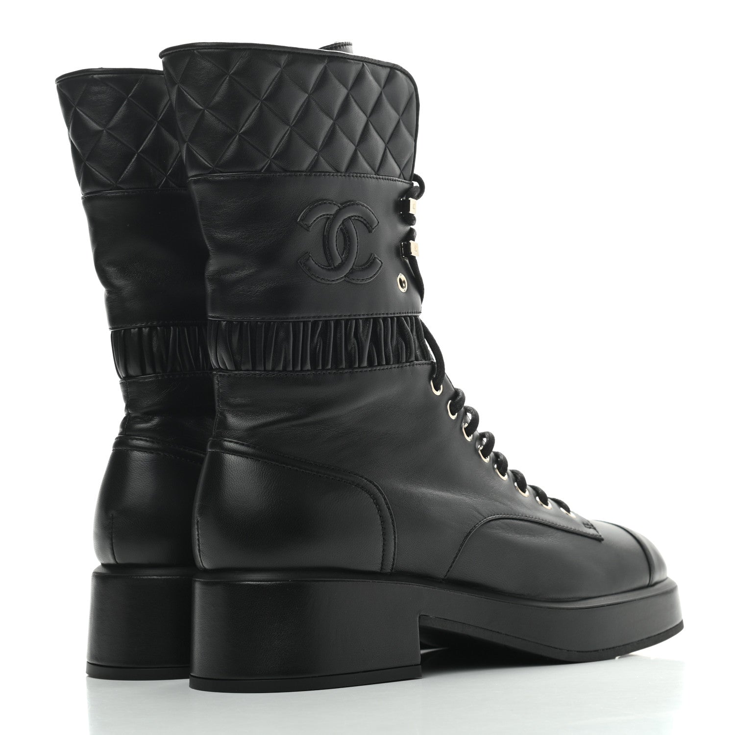 Chanel Lambskin Quilted Lace Up Combat Boots 41 Black 4 of 8