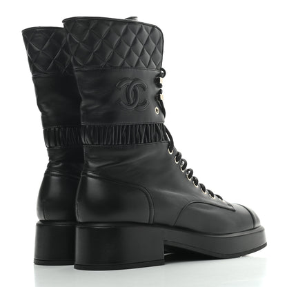 Chanel Lambskin Quilted Lace Up Combat Boots 41 Black 4 of 8