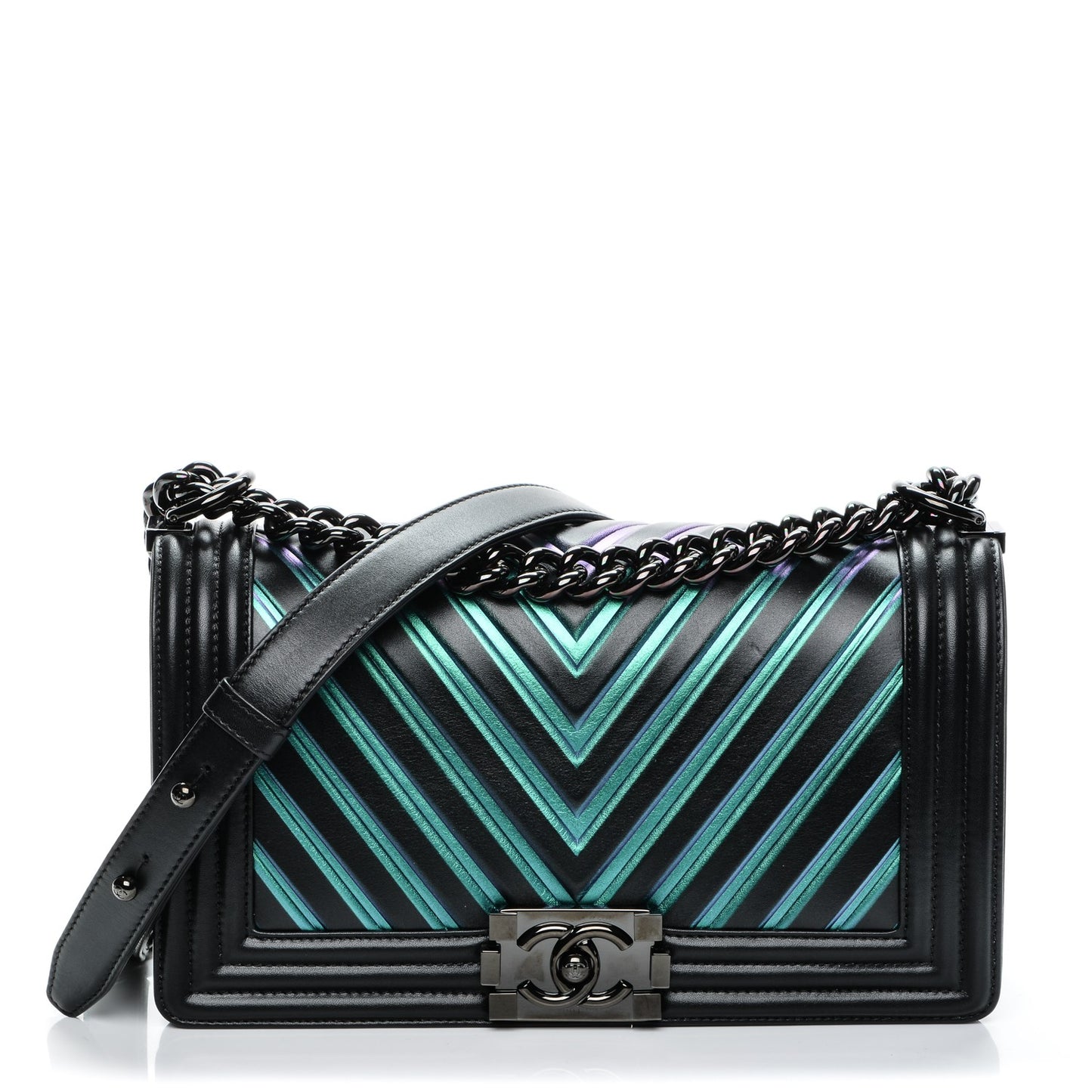 Calfskin Painted Chevron Embossed Medium Boy Flap Black