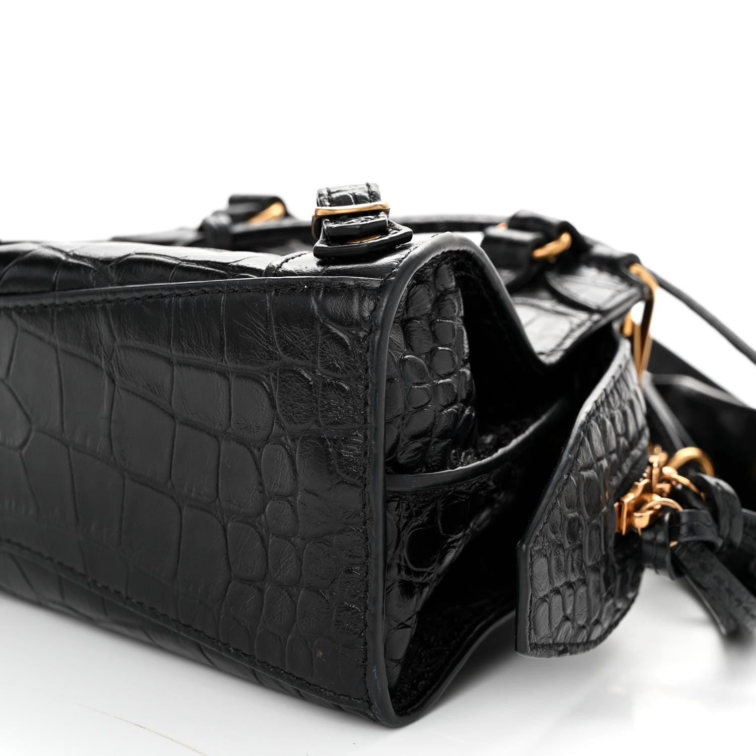 Balenciaga Shiny Supple Calfskin Crocodile Embossed Neo Classic Gold Hardware Mini City Black 9 of 10