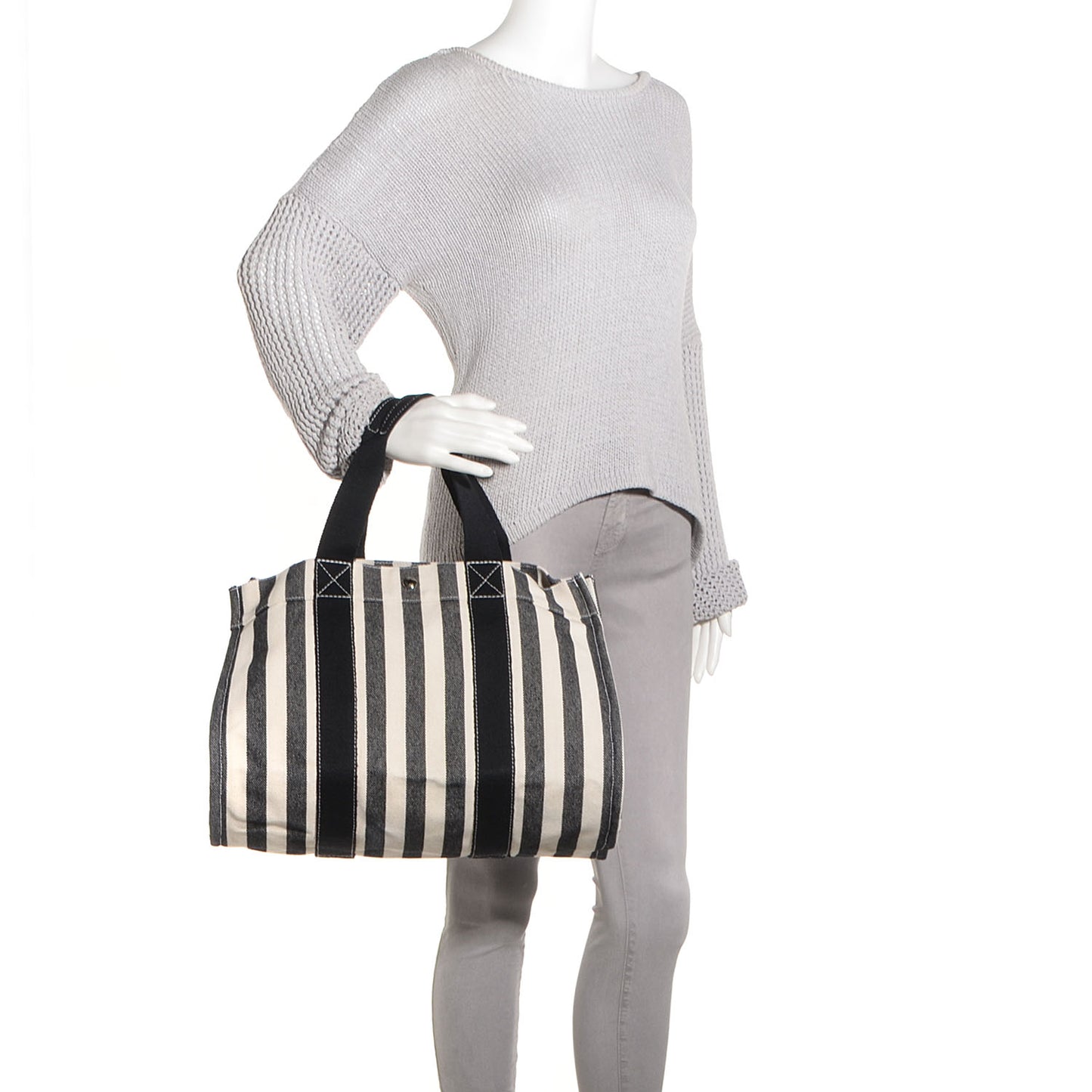 Canvas Striped Cannes MM Beach Tote Blanc Black White