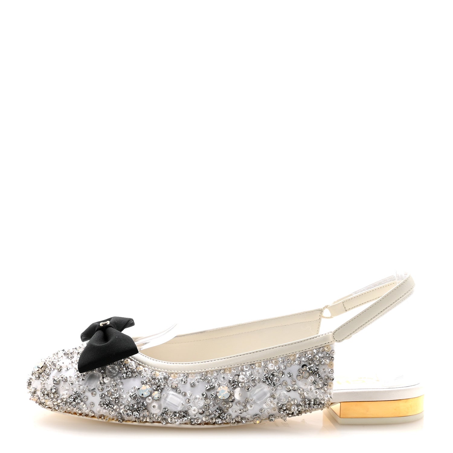 Chanel Satin Crystal Lambskin Grosgrain Bow CC Slingback Flats 38.5 White Black 1 of 10