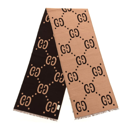 Gucci Wool Silk Monogram Jumbo GG Freedom Scarf Dark Brown Beige 2 of 4