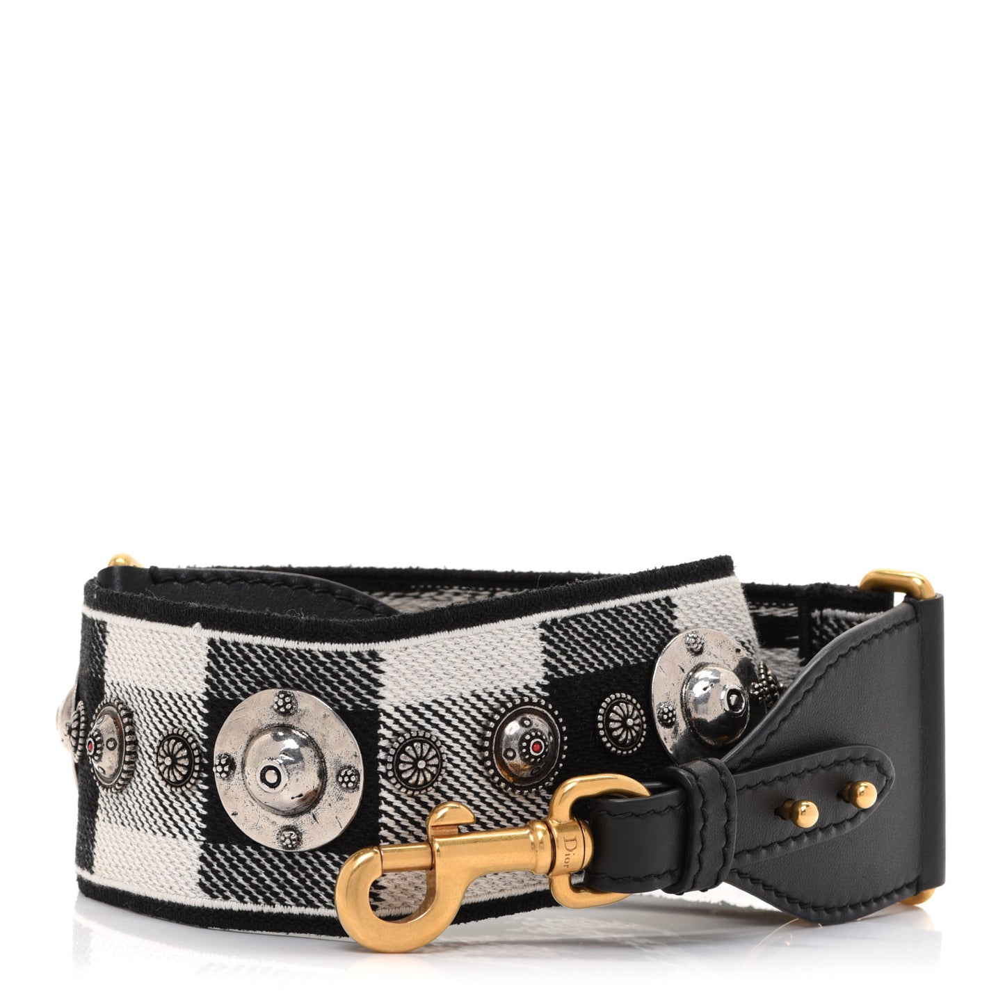 Canvas Embroidered Studded Checkered Embroidered Shoulder Strap White Black