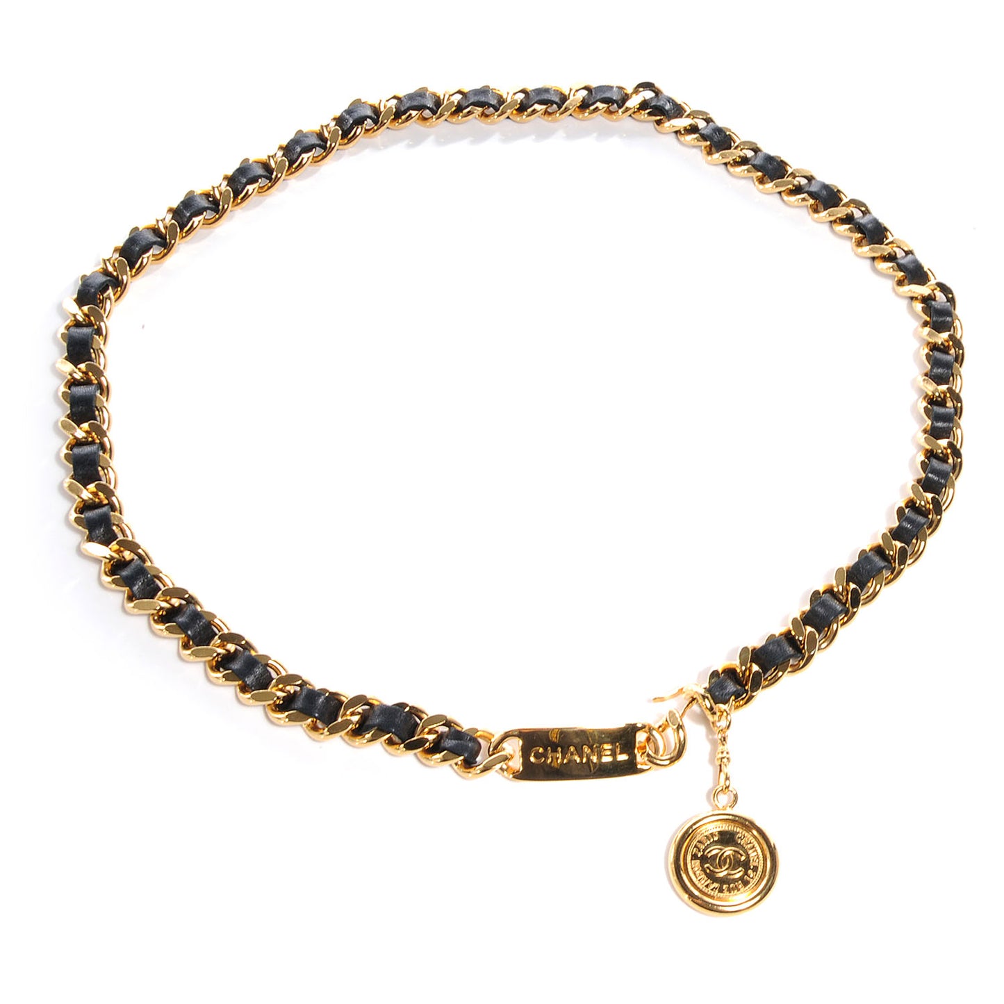 Leather Gold Chain Link Medallion Belt Black