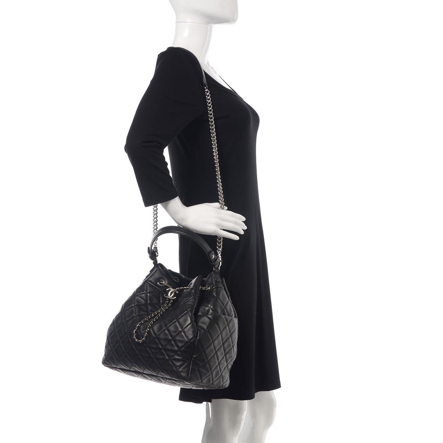 Lambskin Quilted CC Chain Bucket Bag Black