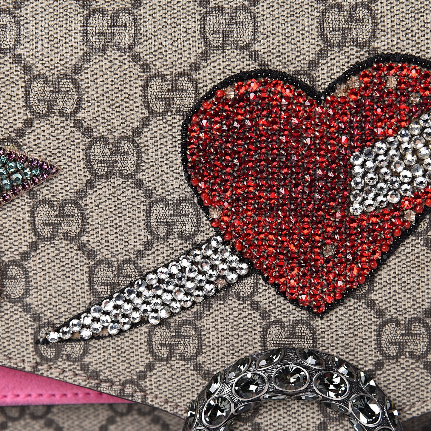 GG Supreme Monogram Suede Pierced Heart Embroidered Medium Dionysus Shoulder Bag Beige Ebony Pink Tropical Flower