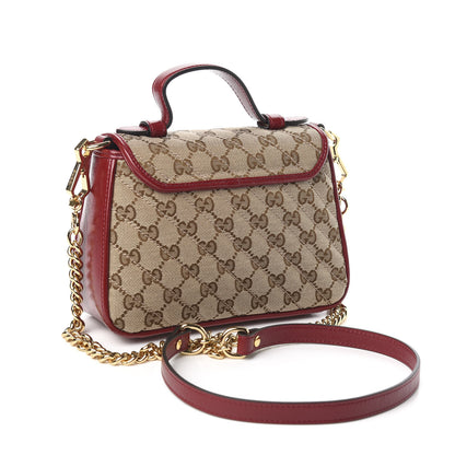 Gucci Monogram Glazed Calfskin Matelasse Diagonal Mini GG Marmont Top Handle Shoulder Bag Beige Ebony New Cherry Red 6 of 13