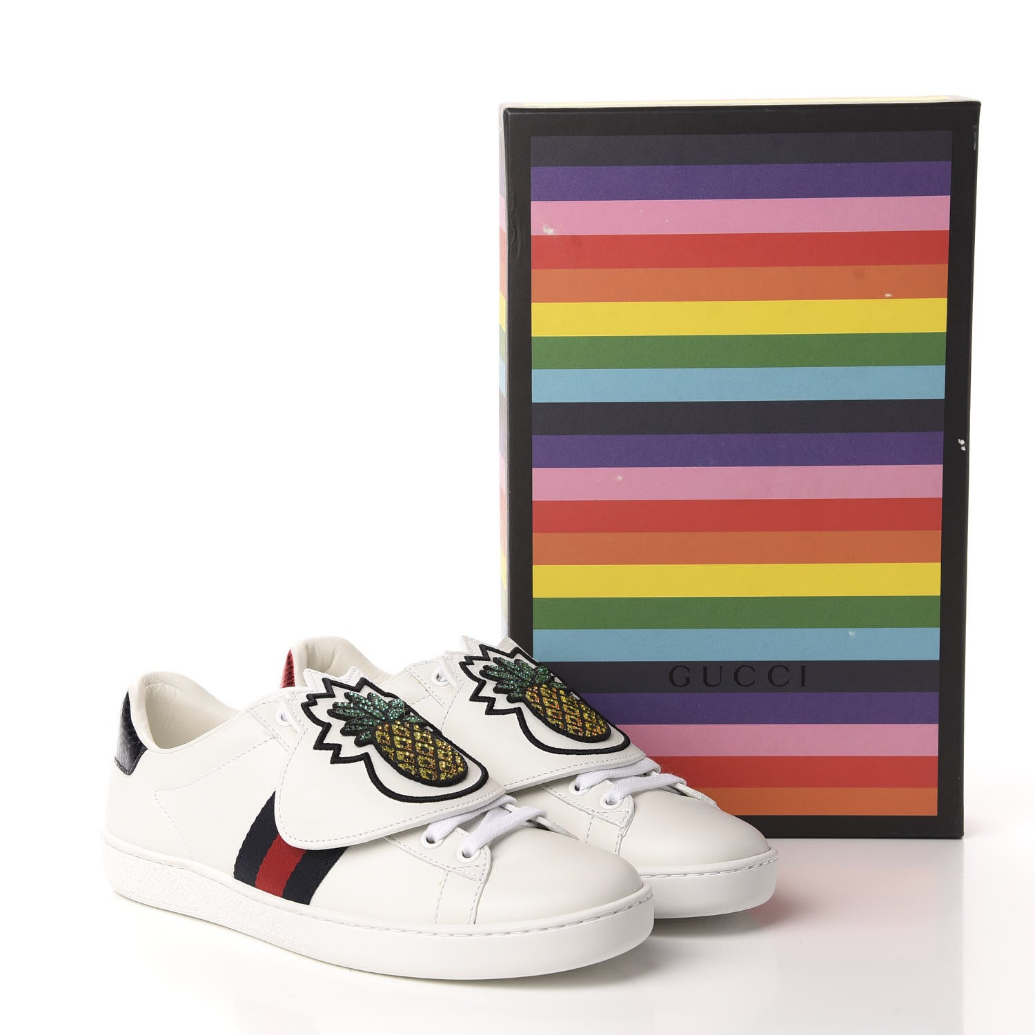 Gucci Calfskin Ayers Crystal Web Pineapple Embroidered Womens New Ace Sneakers 36.5 White 10 of 10