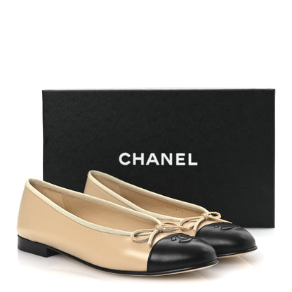 Chanel Lambskin Cap Toe CC Ballerina Flats 38.5 Beige Black 12 of 12