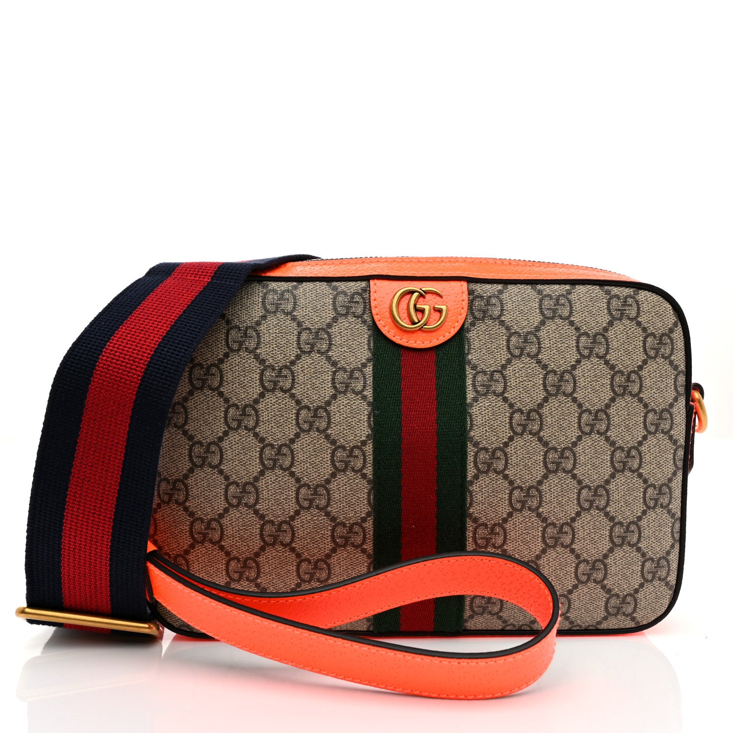 Gucci GG Supreme Monogram Textured Dollar Calfskin Web Ophidia Wristlet Shoulder Bag Beige Ebony Orange 1 of 11