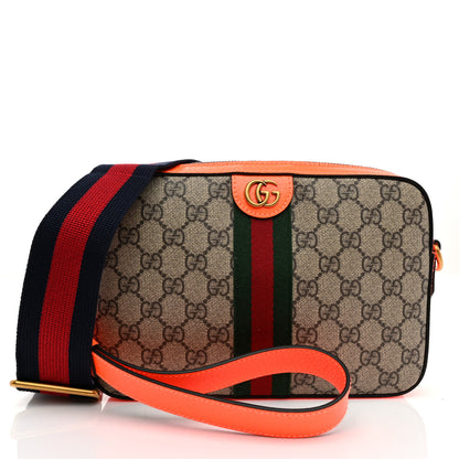 Gucci GG Supreme Monogram Textured Dollar Calfskin Web Ophidia Wristlet Shoulder Bag Beige Ebony Orange 1 of 11
