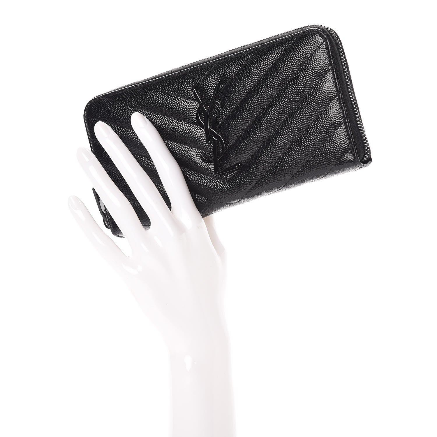 Saint Laurent Grain De Poudre Matelasse Chevron Monogram Zip Around Wallet Black 2 of 11