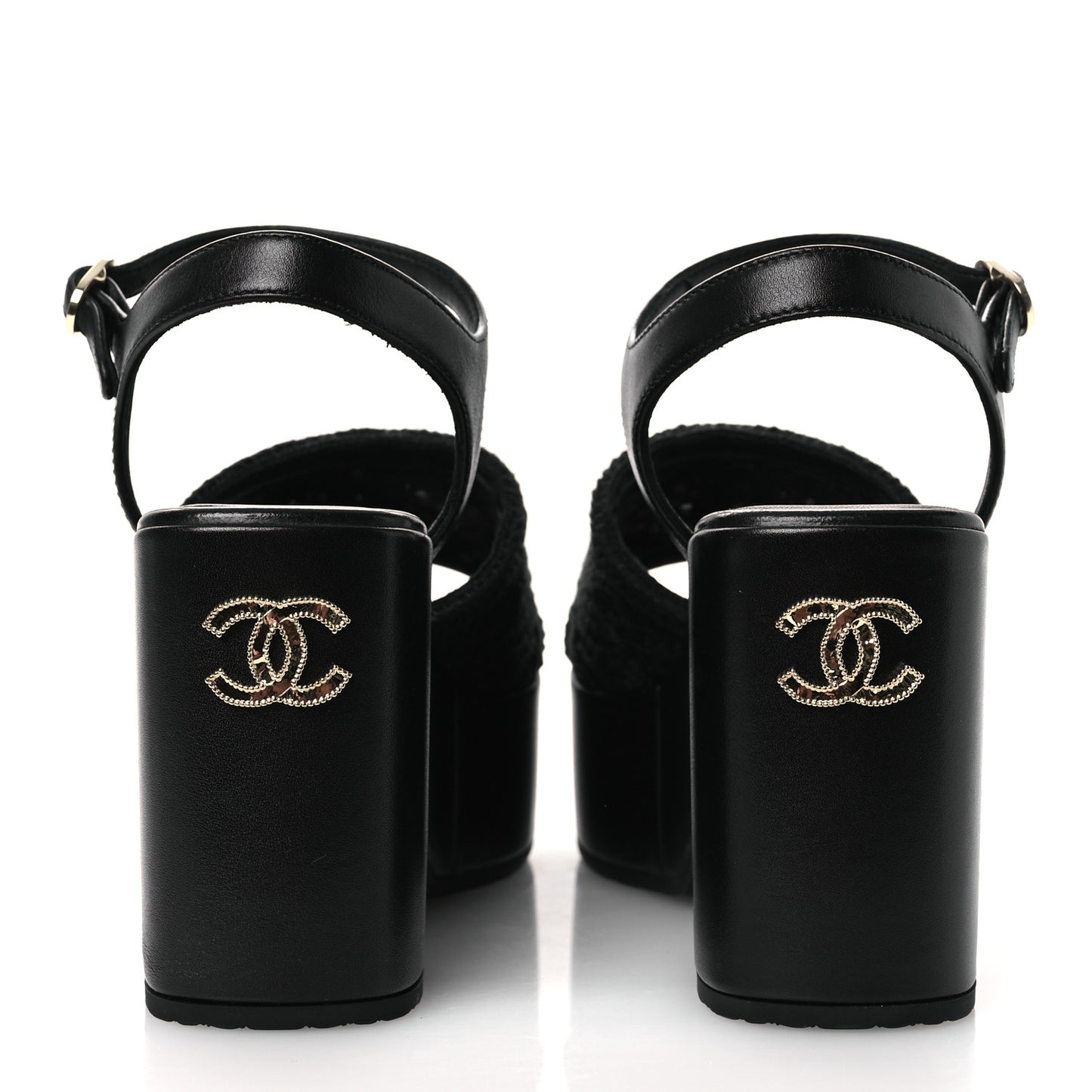 Fabric Calfskin CC Platform Sandals 36 Black