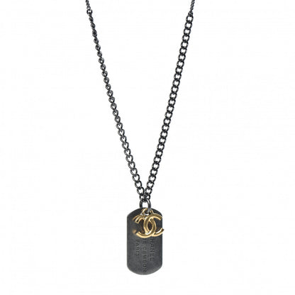Chanel Ruthenium ID Dog Tag Charm Necklace Silver Gold 1 of 5