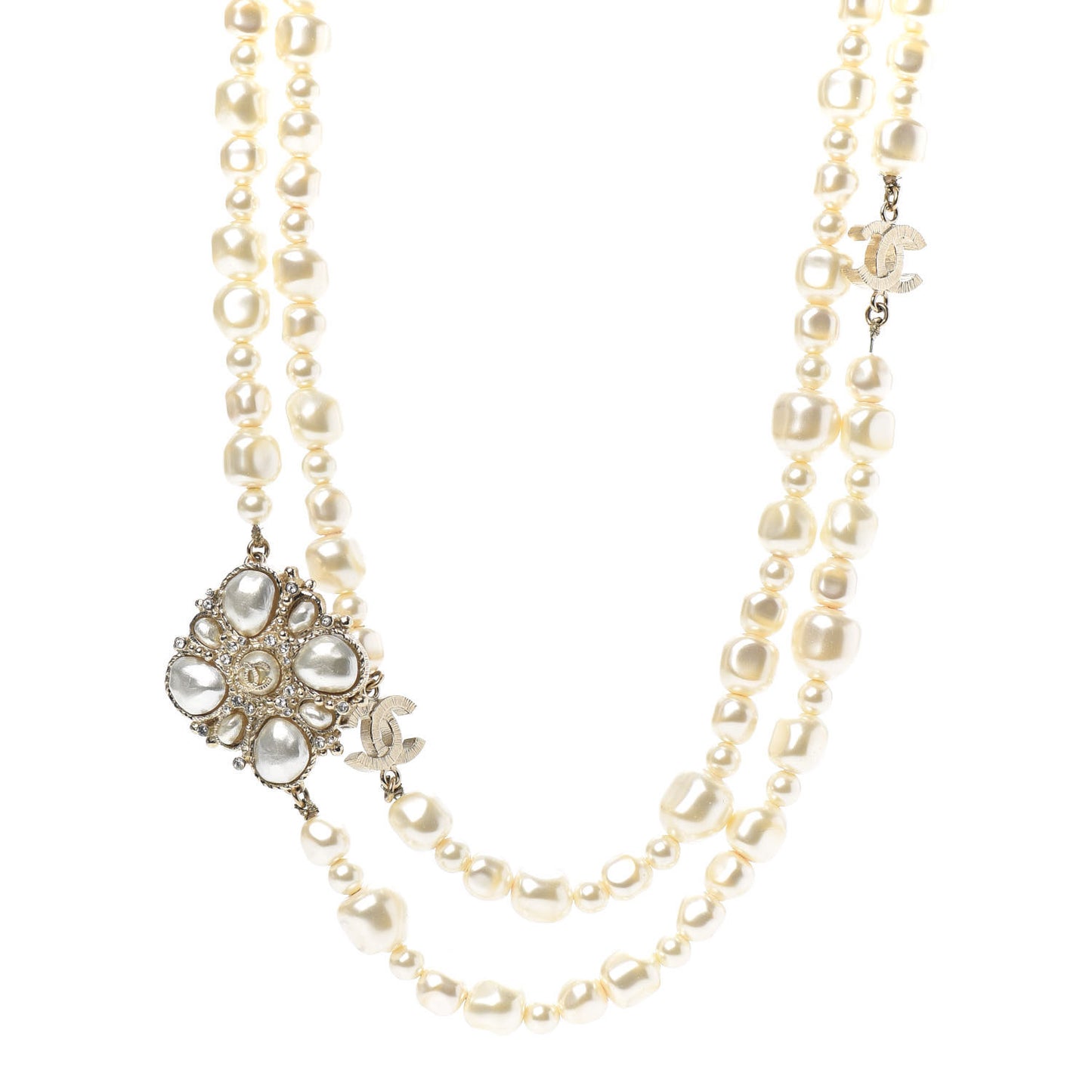 Graduated Pearl Crystal CC Multi Strand Necklace Gold