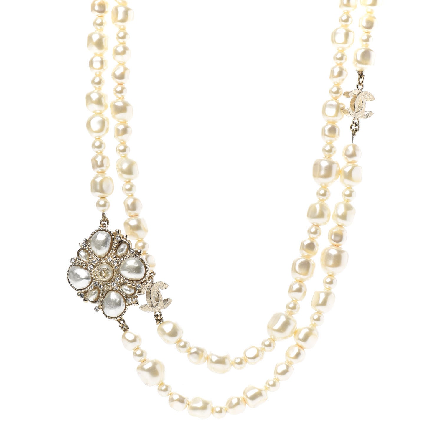 Chanel Graduated Pearl Crystal CC Multi Strand Necklace Gold 1 of 5