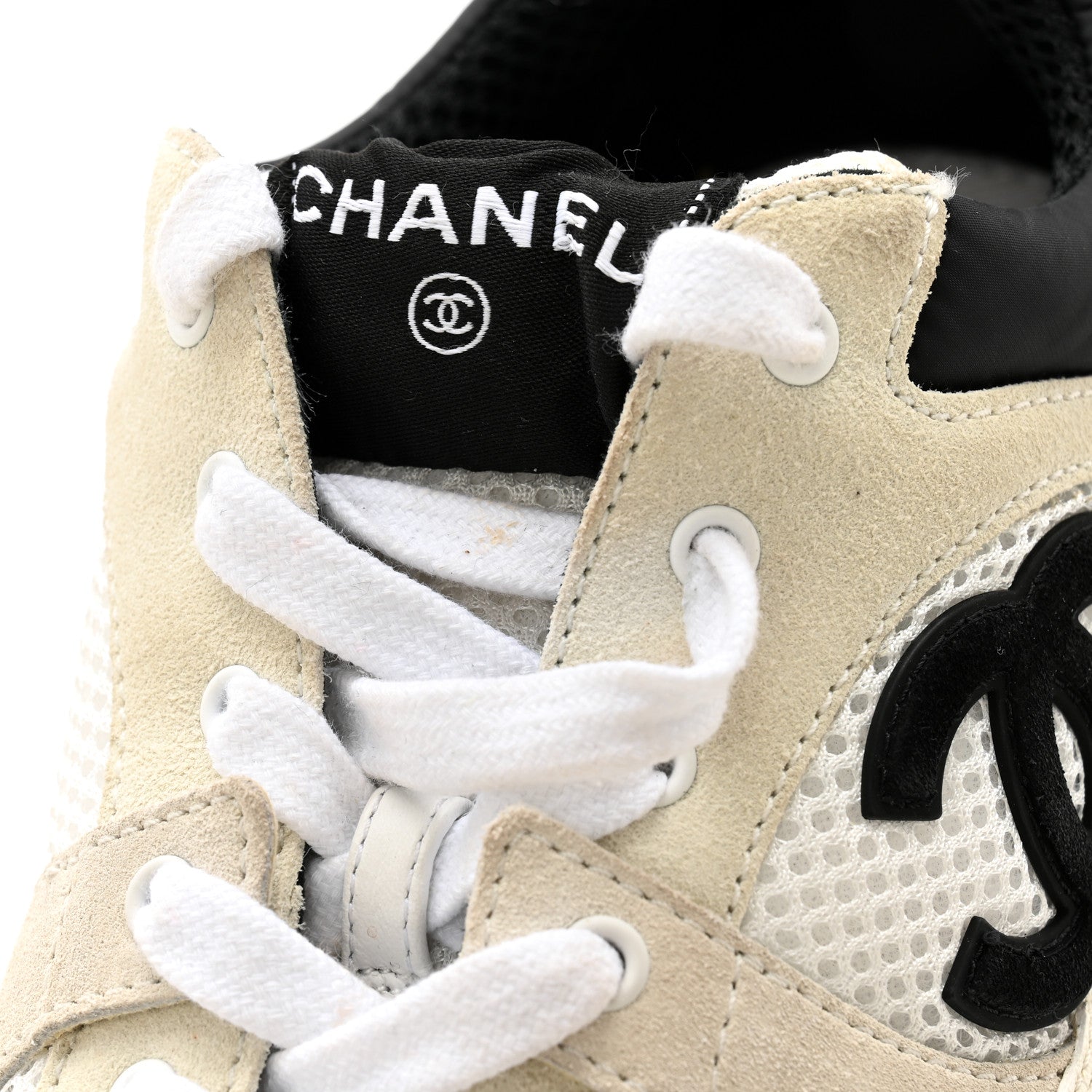 Chanel Mesh Suede Calfskin Grained Calfskin Womens CC Sneakers 39.5 White Black 12 of 14