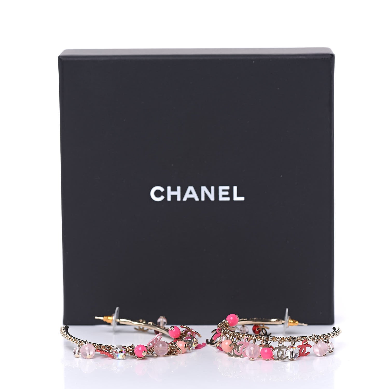 Chanel Crystal Bead CC Charm Hoop Earrings Pink Gold 6 of 6