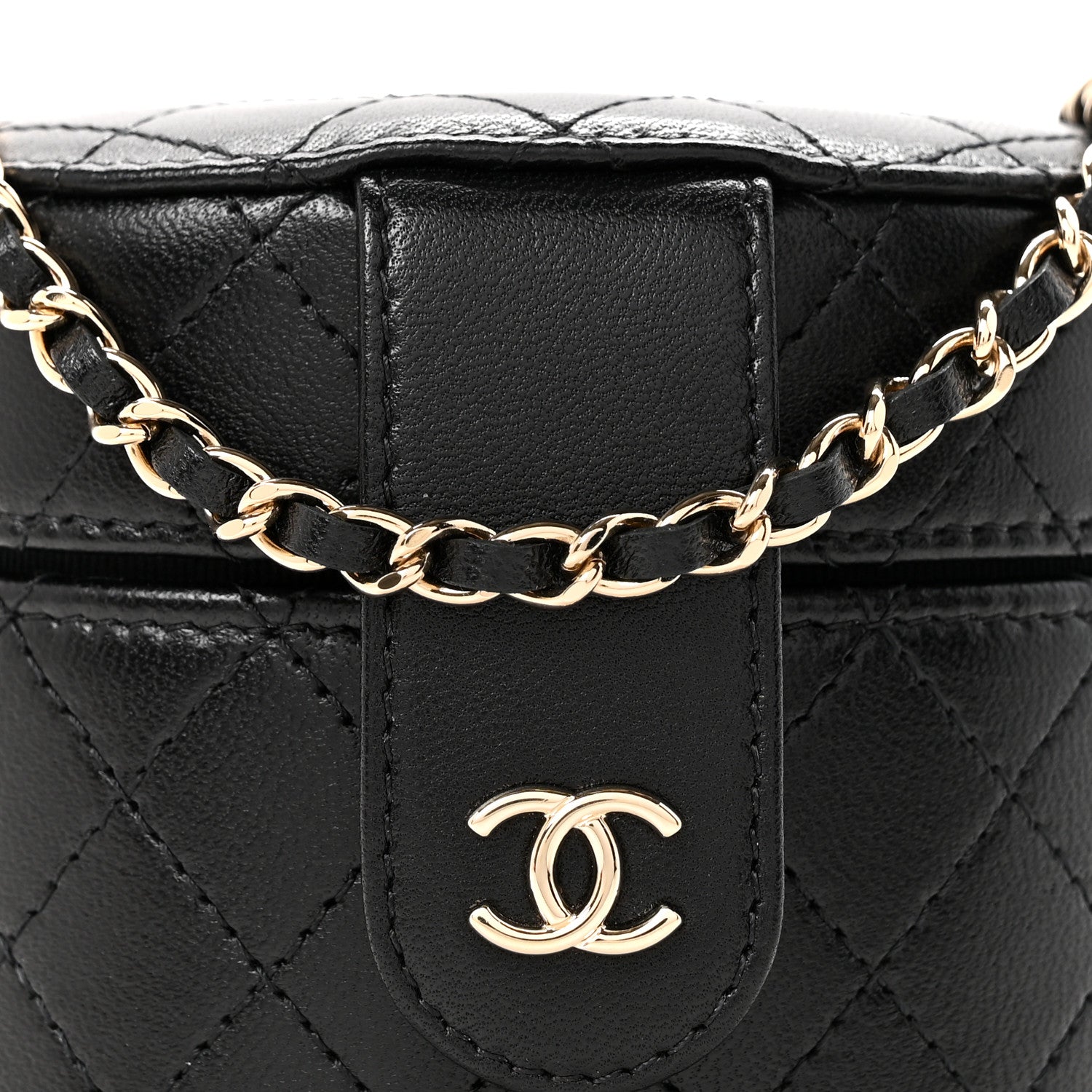 Chanel Lambskin Quilted Mini Round Vanity Case With Chain Black 8 of 12
