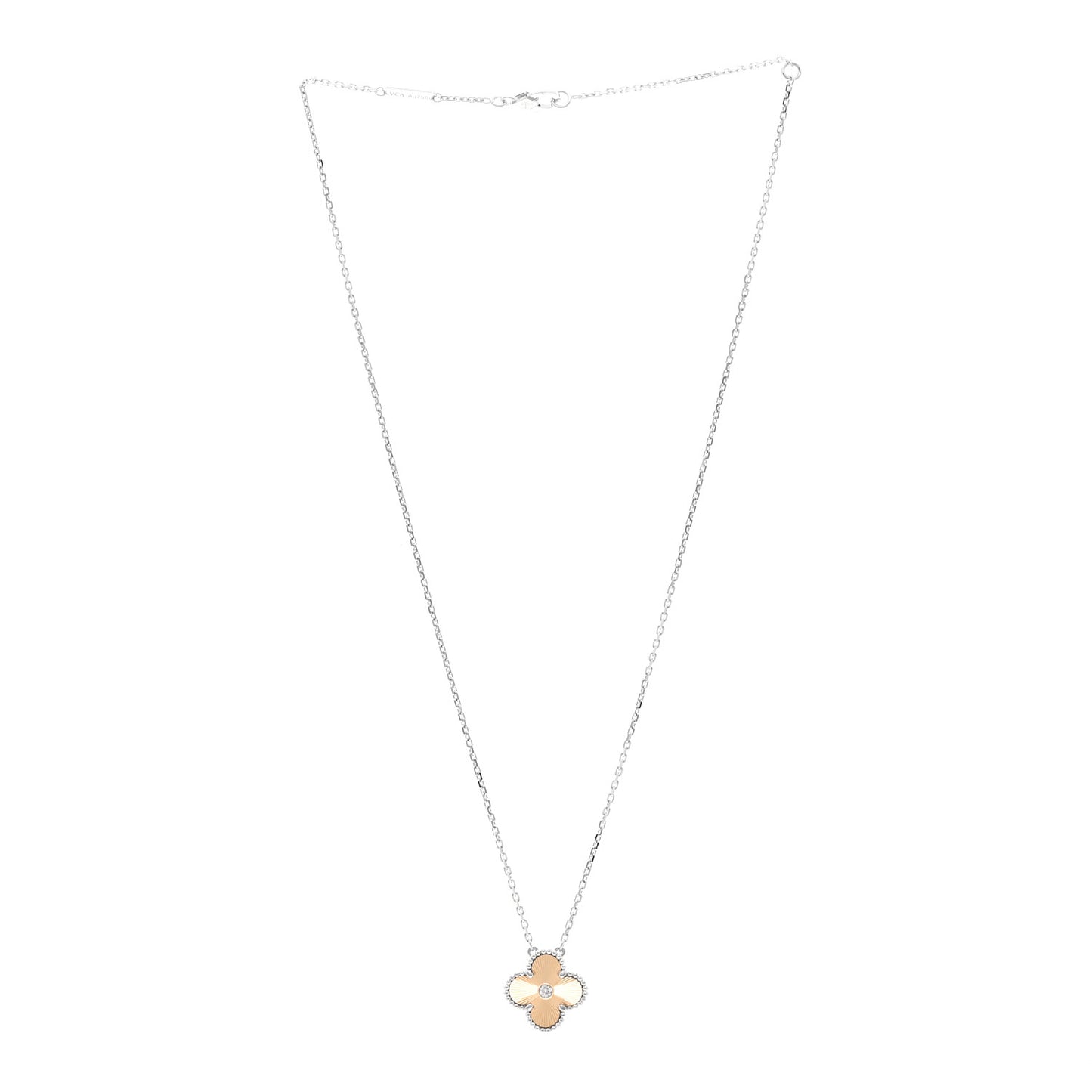18K White Rose Gold Diamond Guilloche Vintage Alhambra Pendant Necklace