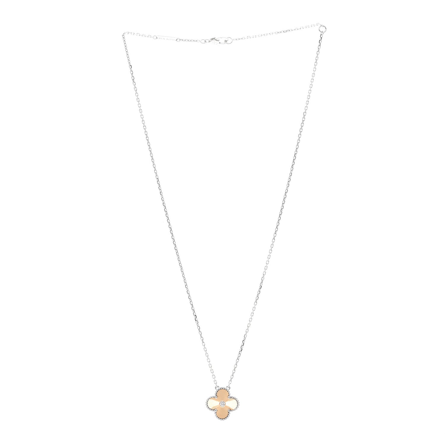 Van Cleef & Arpels 18K White Rose Gold Diamond Guilloche Vintage Alhambra Pendant Necklace 3 of 6