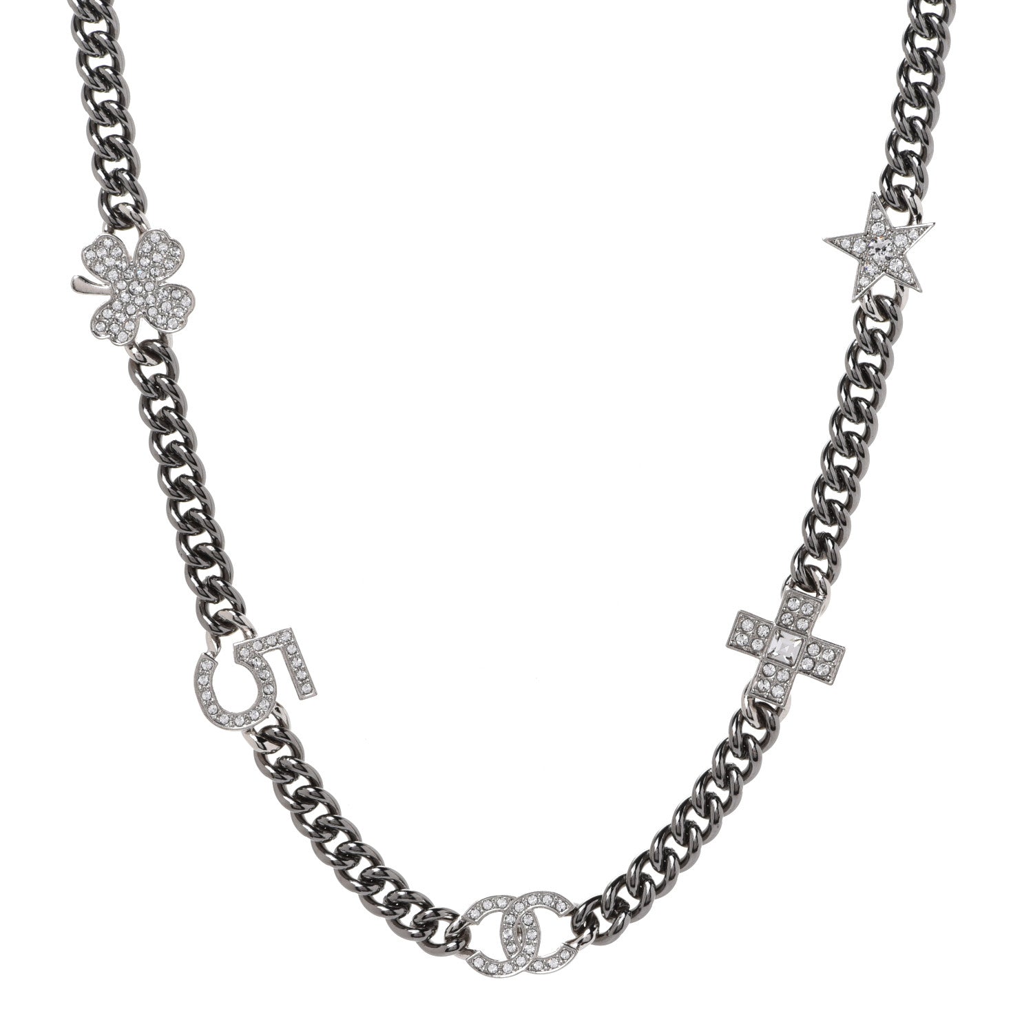 Chanel Ruthenium Crystal Chain CC Lucky Charms Choker Silver 1 of 7