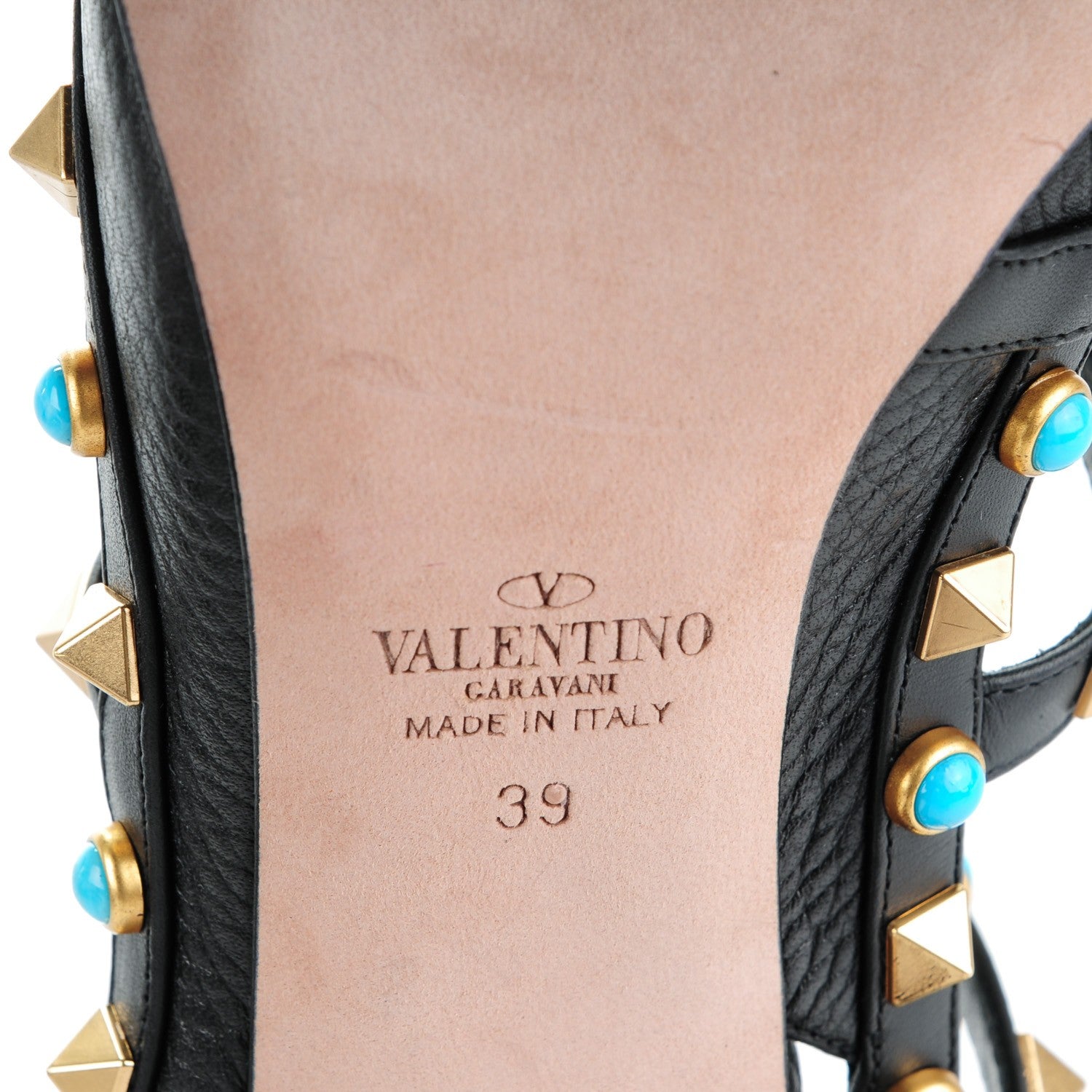 Valentino Garavani Pebbled Calfskin Turquoise Rockstud Rolling Ankle Strap 100mm Pumps 39 Black 6 of 8