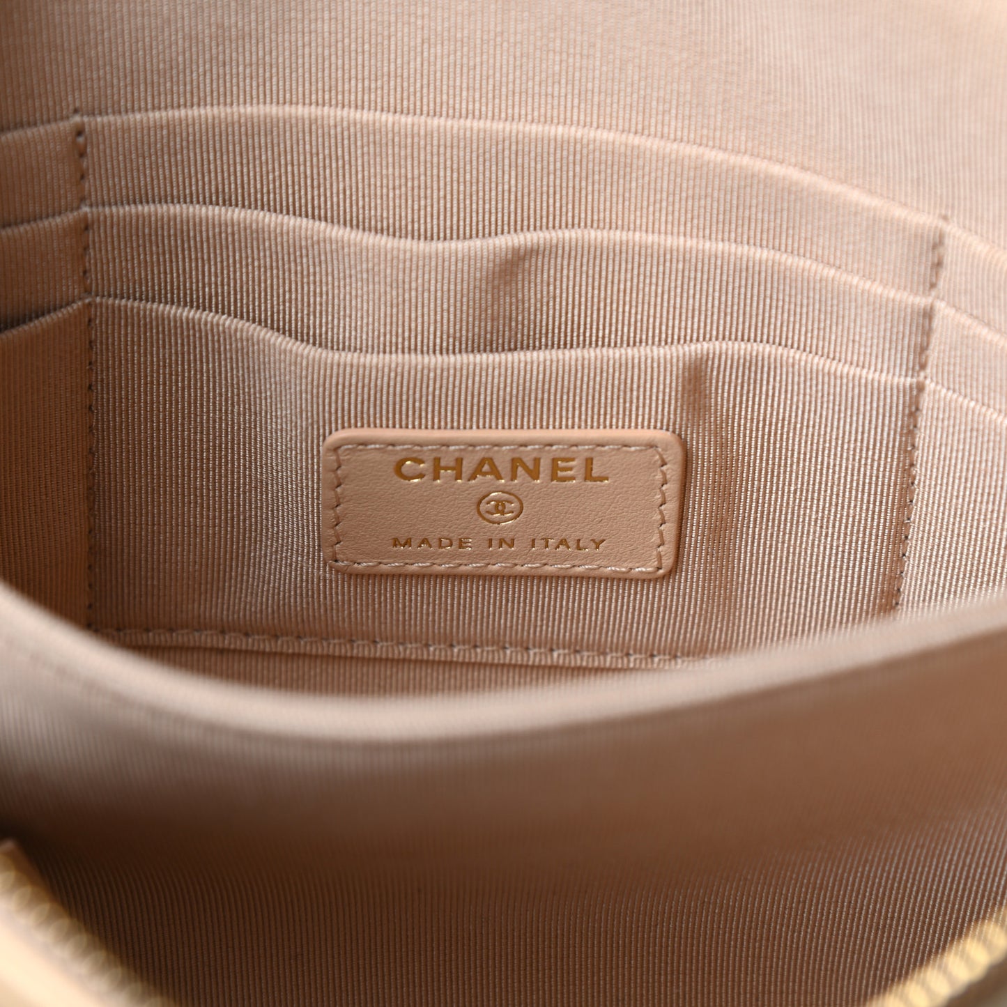 Shiny Goatskin Quilted Chanel 19 Small Pouch With Handle Beige