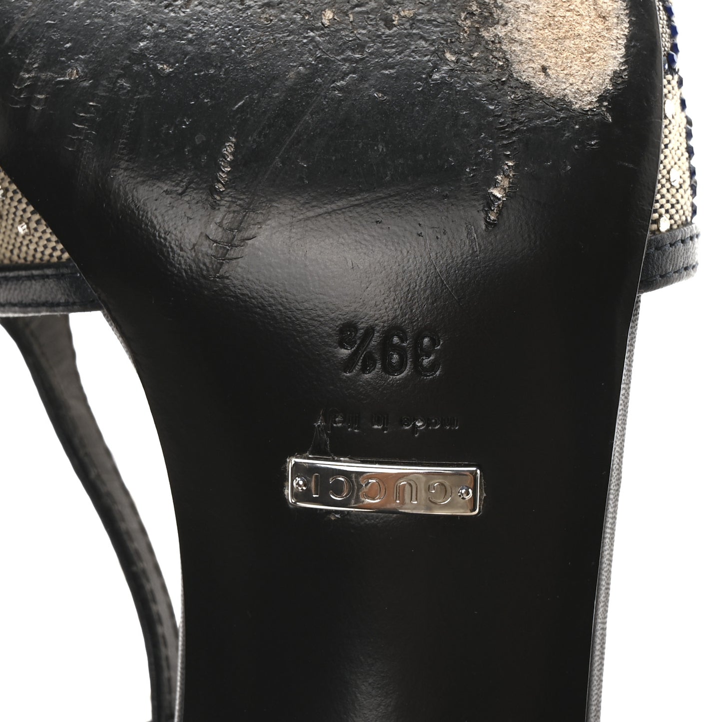 GG Monogram Malaga Kid Crystal Square G 75mm Slingback Pumps 39.5 Beige Blue