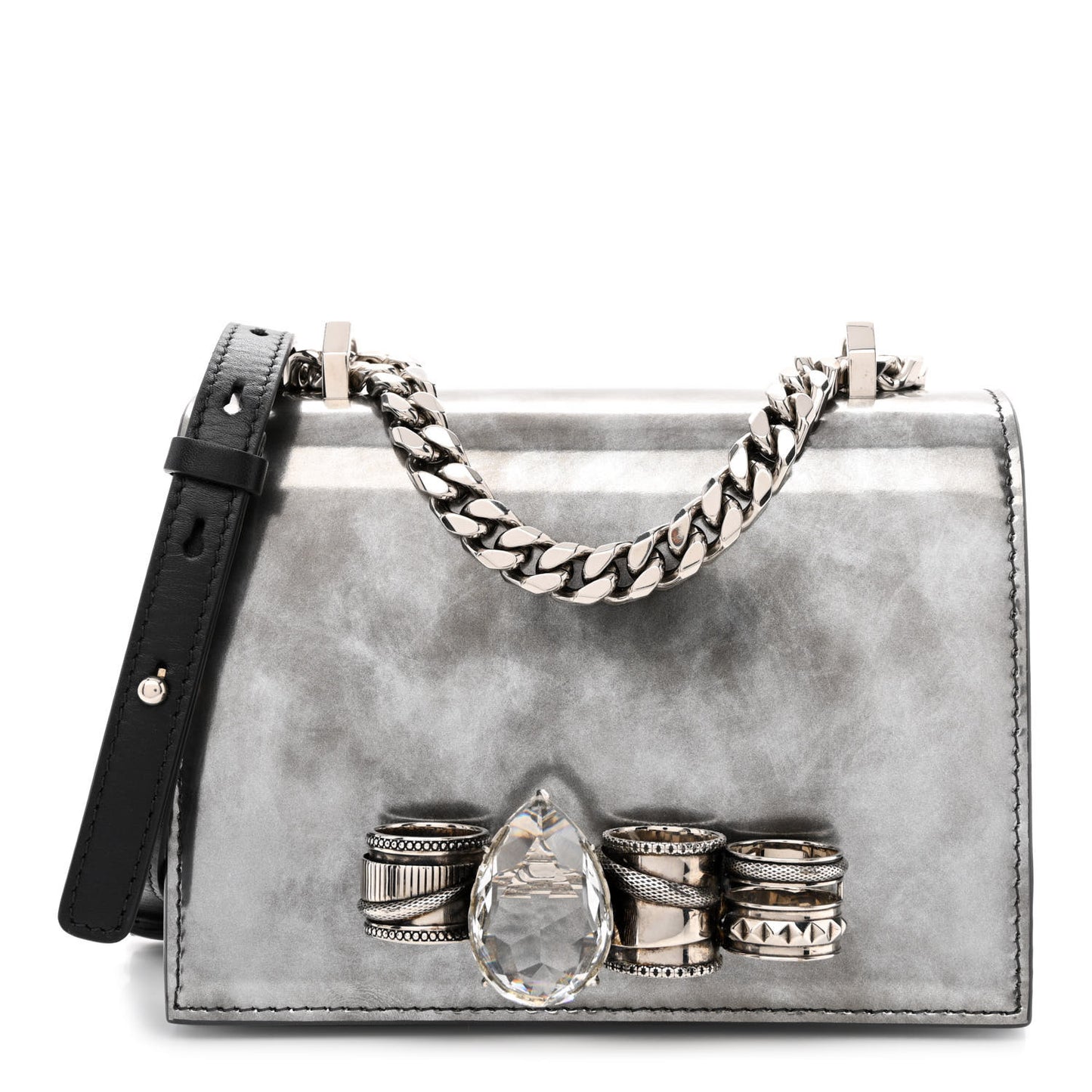 Metallic Patent Calfskin Jeweled Knuckle Satchel Silver