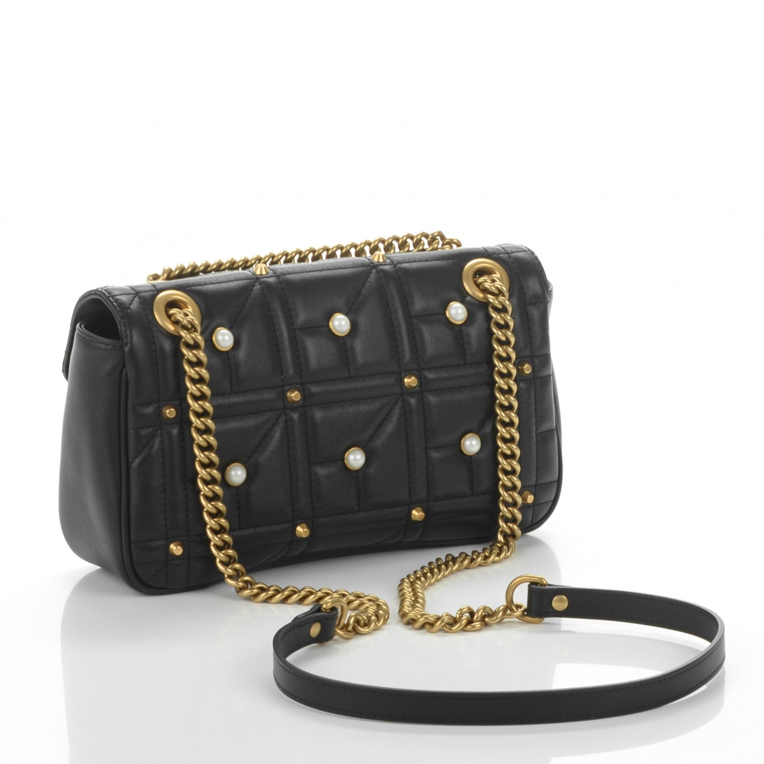Gucci Calfskin Matelasse Studded Small Pearly GG Marmont Shoulder Bag Black 3 of 7