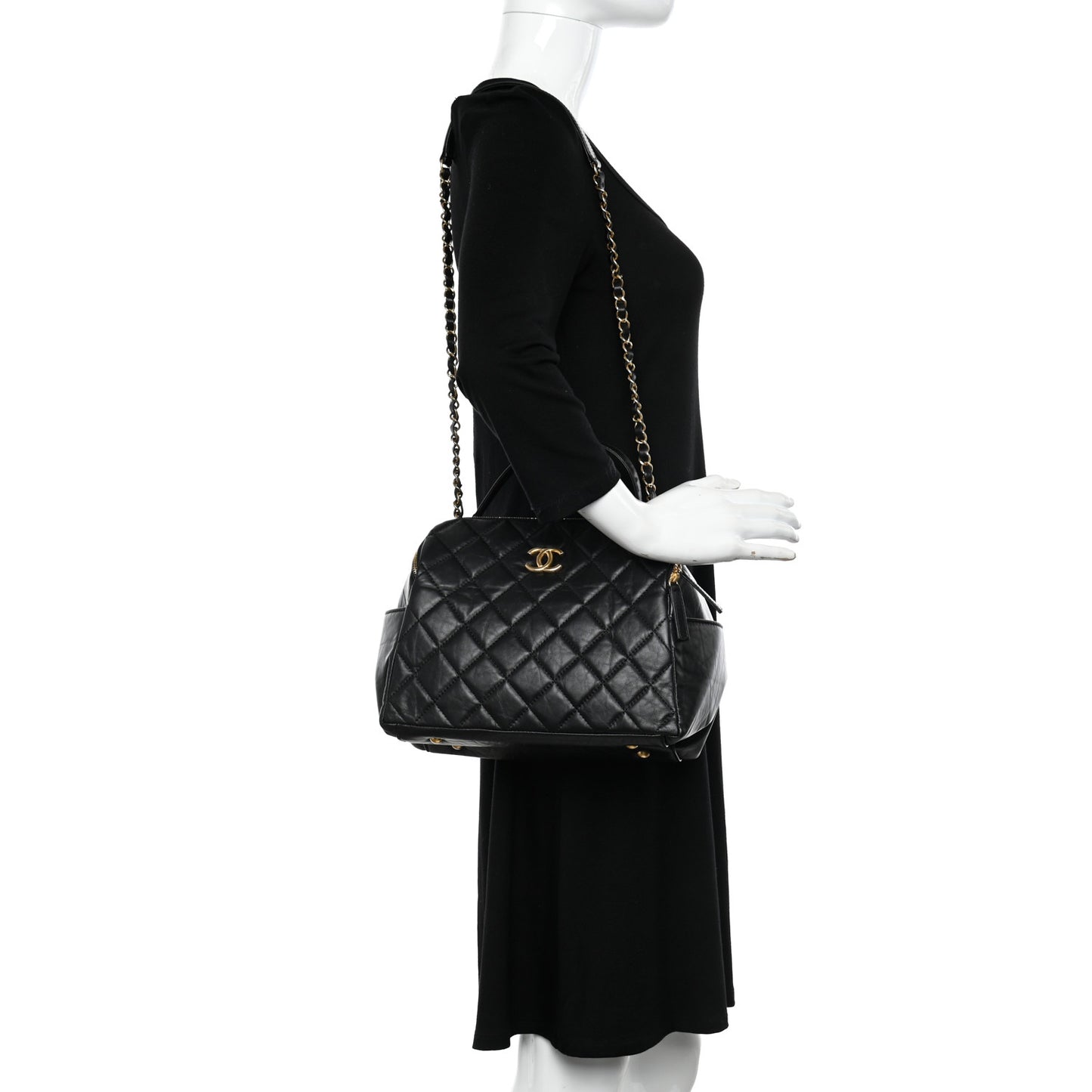 Aged Calfskin Quilted Retro Spirit Small Bowling Bag Black