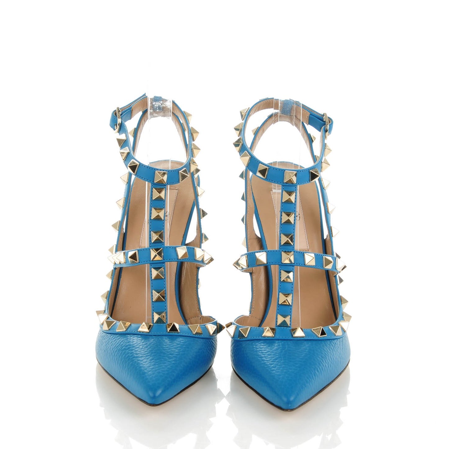 Pebbled Calfskin Rockstud Ankle Strap Pumps 36 Light Blue