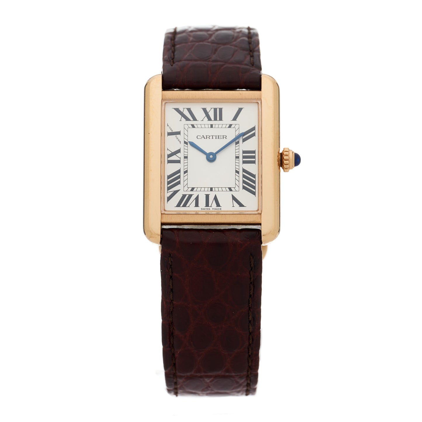 Stainless Steel 18K Pink Gold Alligator 24mm Tank Solo Quartz Watch Brown