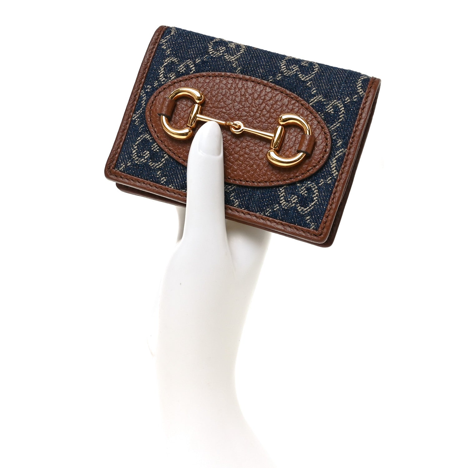 Gucci New Denim GG Monogram Dollar Calfskin Horsebit 1955 Card Case Wallet Blue Tea Cuir Epilog 2 of 7