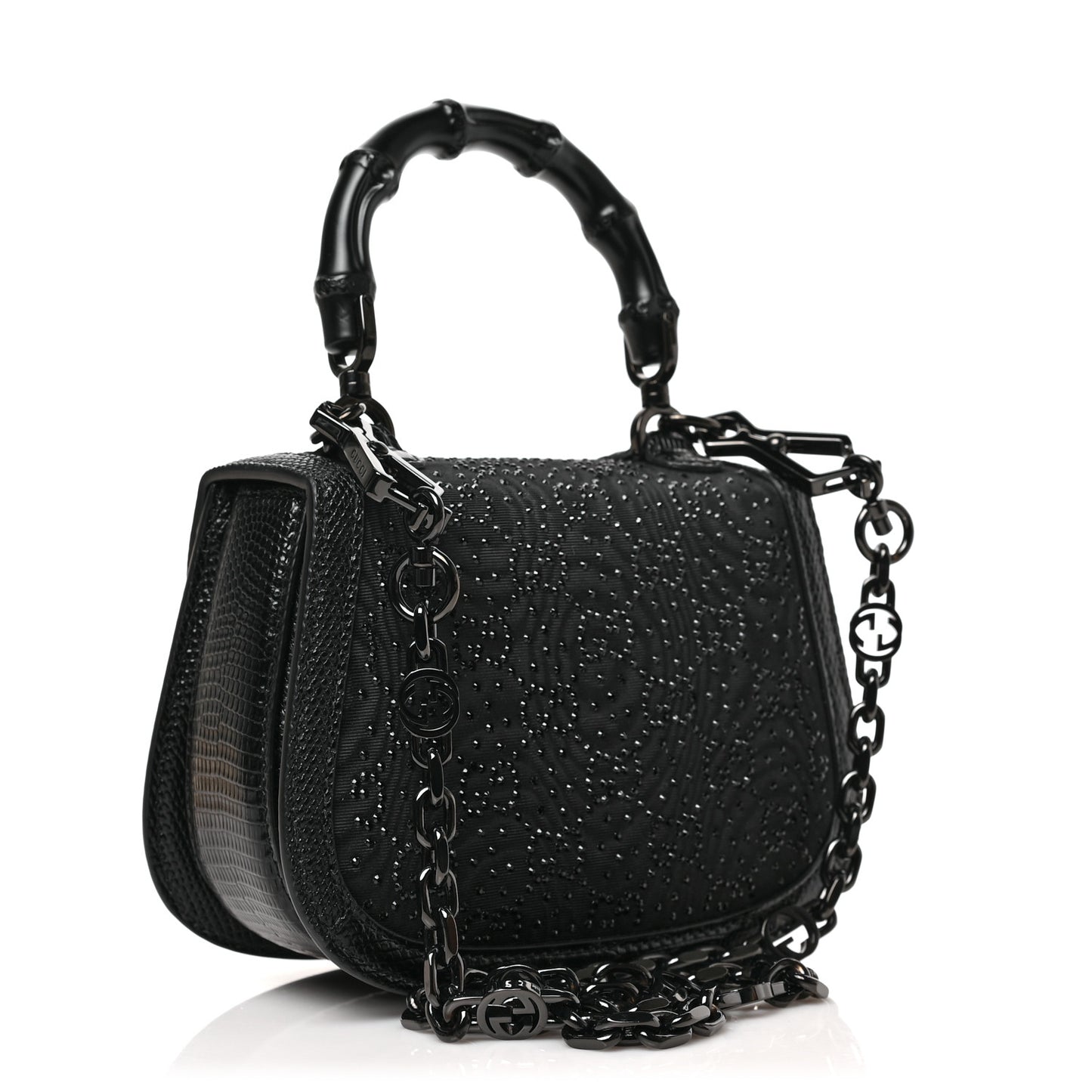 Moire Fabric Calfskin Rhinestone Monogram Monochrome Lizard Embossed Mini Bamboo 1947 Top Handle Chain Bag Black
