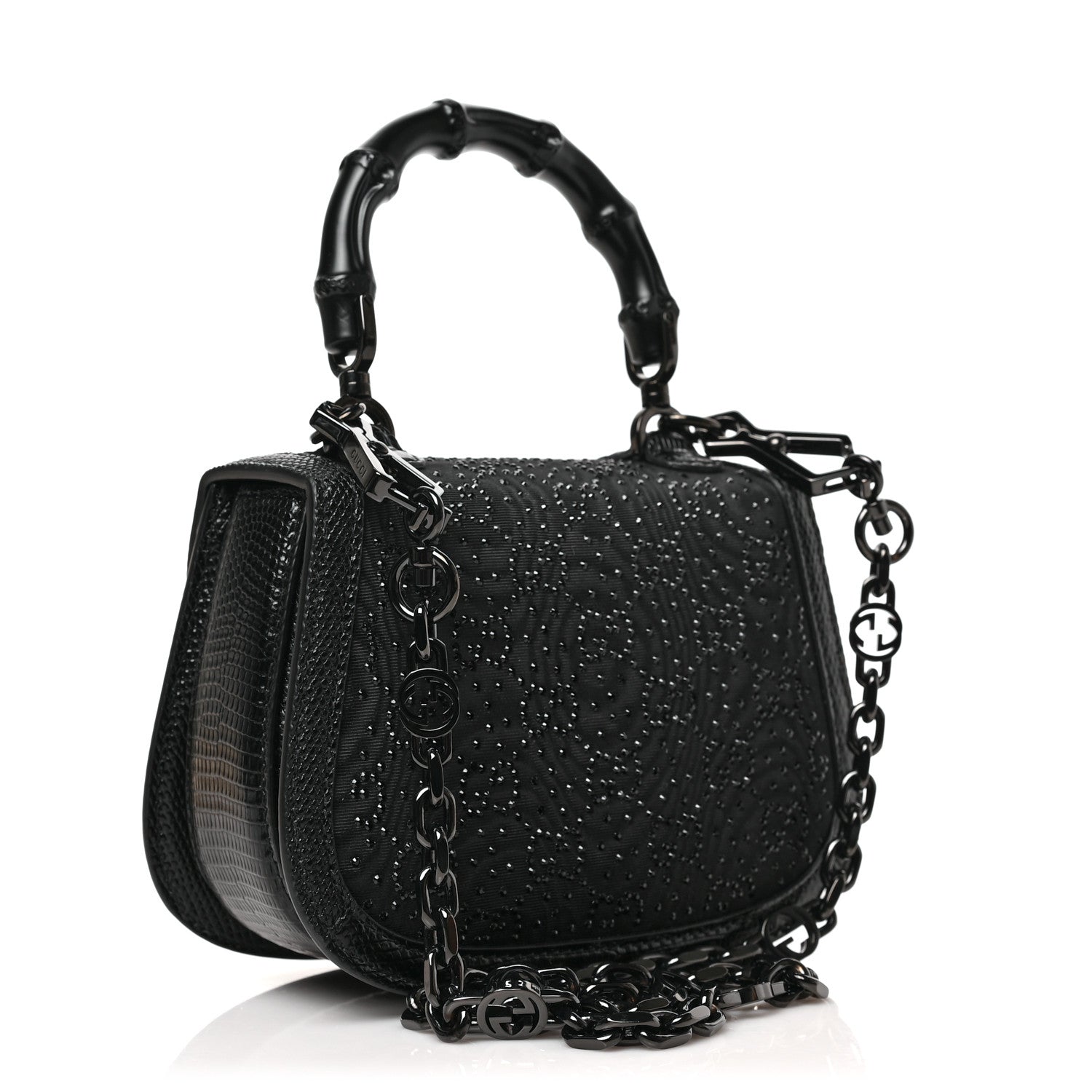 Gucci Moire Fabric Calfskin Rhinestone Monogram Monochrome Lizard Embossed Mini Bamboo 1947 Top Handle Chain Bag Black 3 of 7