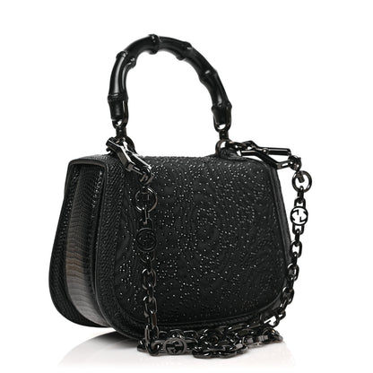 Gucci Moire Fabric Calfskin Rhinestone Monogram Monochrome Lizard Embossed Mini Bamboo 1947 Top Handle Chain Bag Black 3 of 7