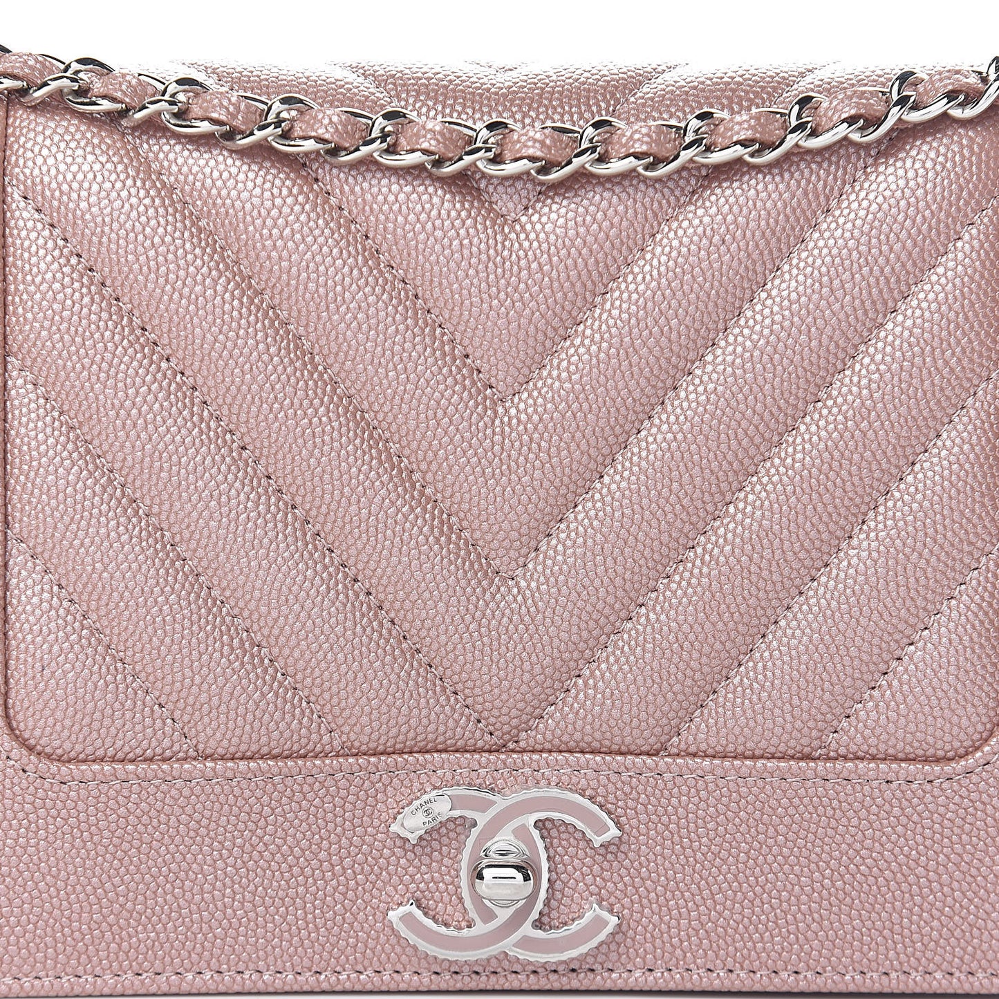 Metallic Caviar Chevron Quilted Vintage Mademoiselle Wallet On Chain WOC Pink