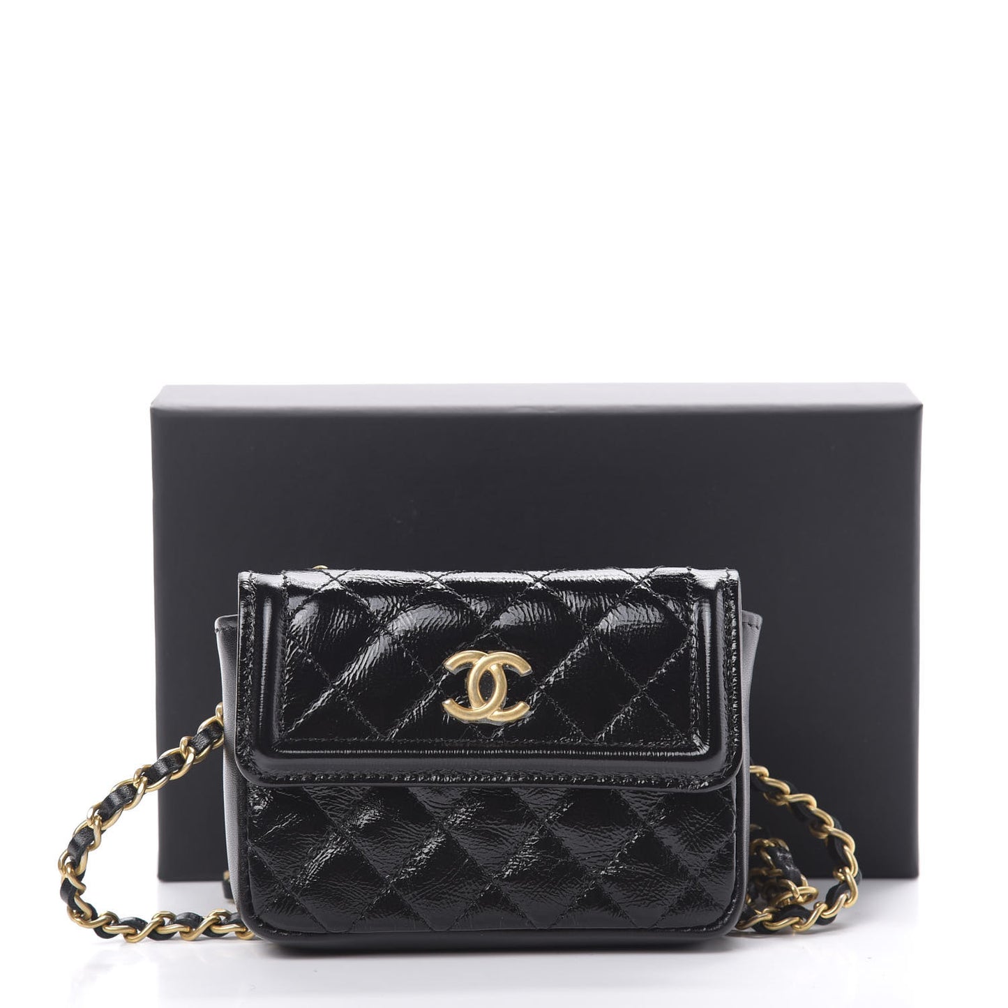 Shiny Aged Calfskin Quilted Waist Belt Bag Black