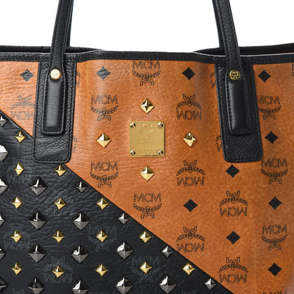 MCM Visetos Studded Medium Bi-Color Shopper Tote Black Cognac 9 of 15