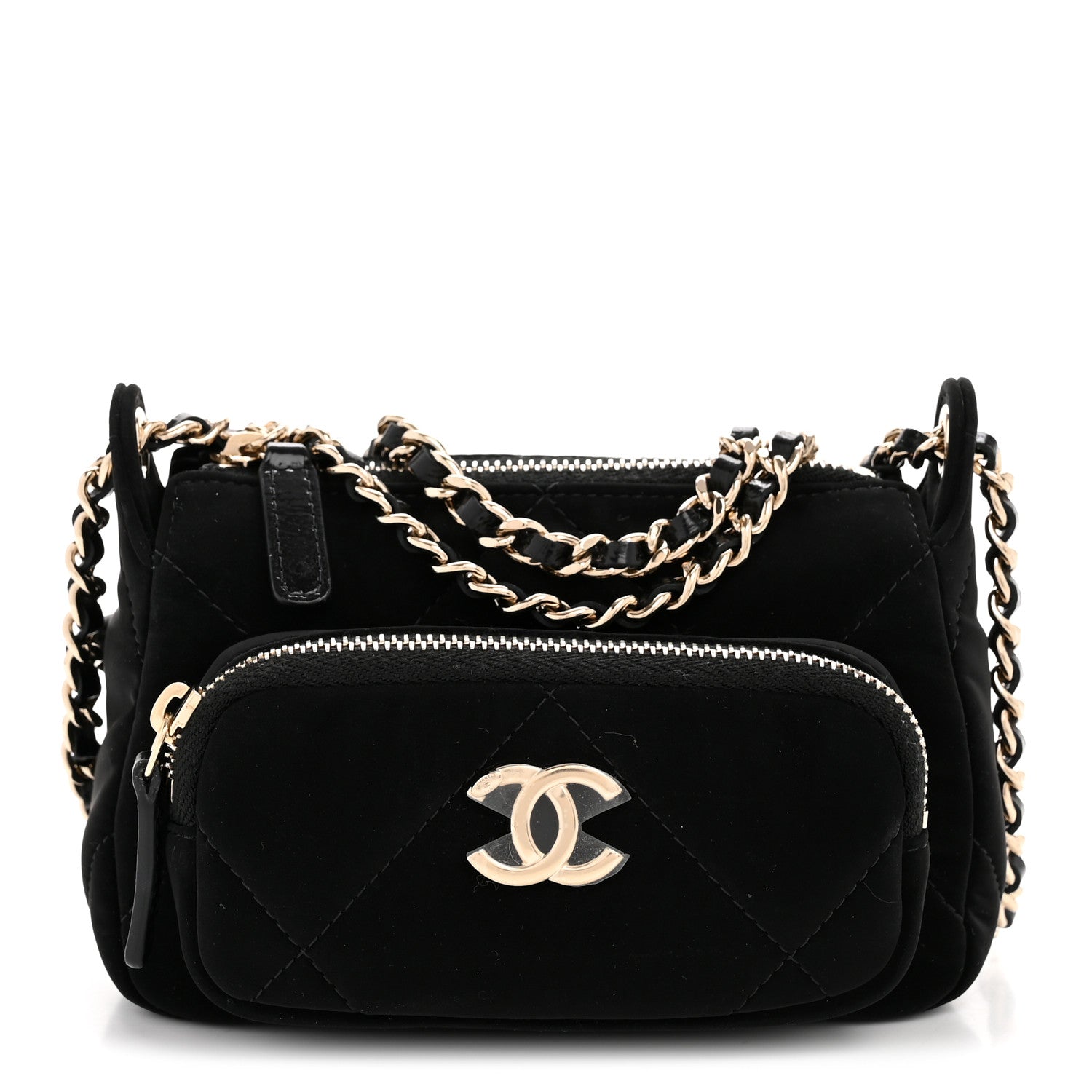 Chanel Velvet Effect Nylon Shiny Crumpled Calfskin Mini Quilted Chanel 25 Clutch With Chain Black 1 of 11