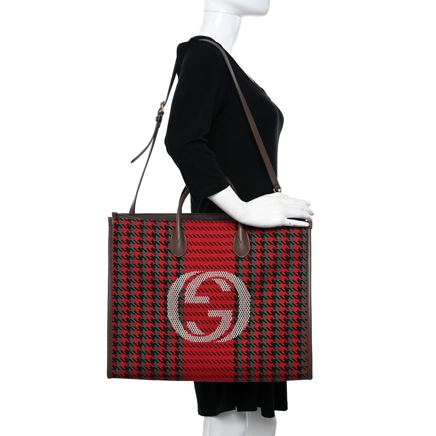Cotton Wool Textured Calfskin Houndstooth Woven Large Interlocking G Tote Red Green Ivory Multicolor New Acero