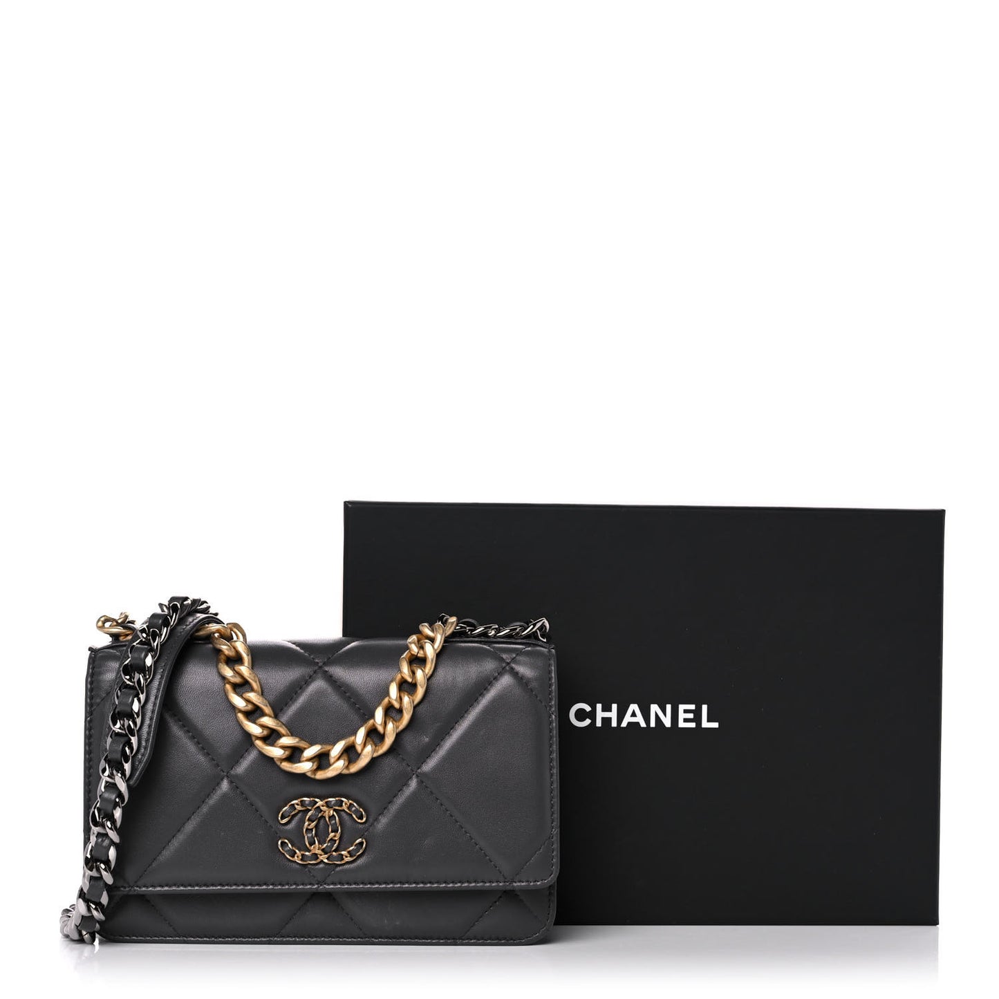 Lambskin Quilted Chanel 19 Wallet On Chain WOC Dark Grey
