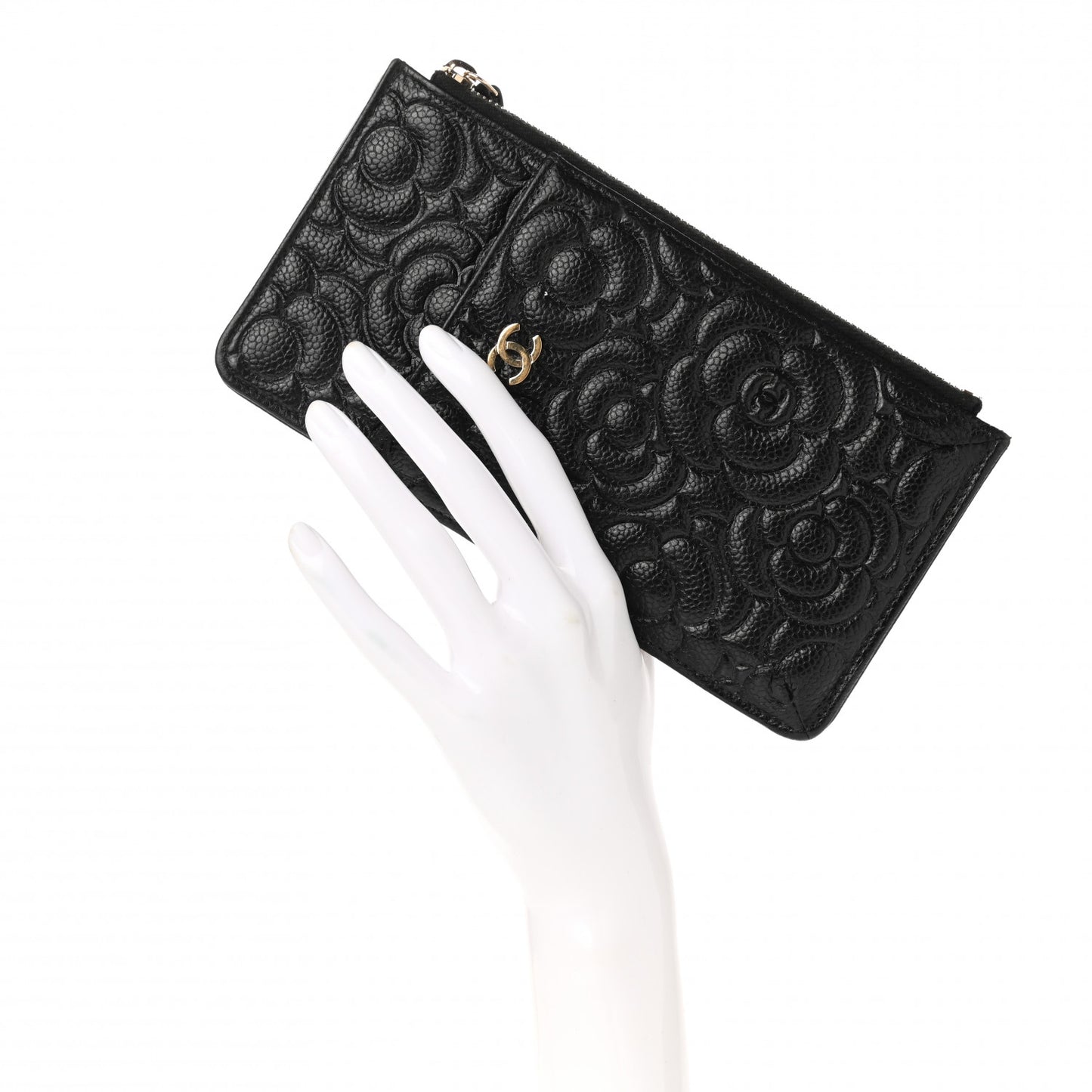 Caviar Camellia Embossed Classic Flat Wallet Pouch Black