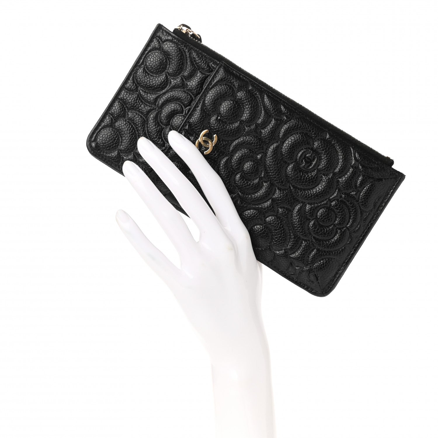 Chanel Caviar Camellia Embossed Classic Flat Wallet Pouch Black 4 of 8