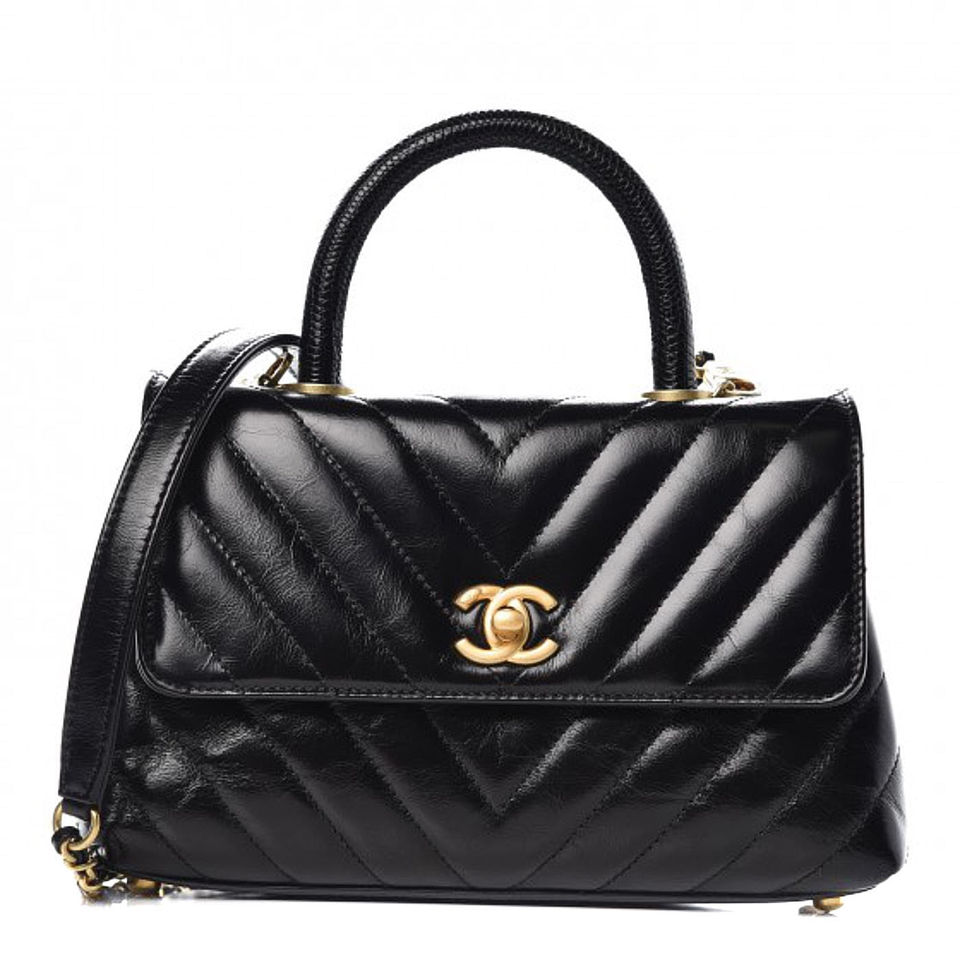 Calfskin Lizard Chevron Quilted Mini Coco Handle Flap Black